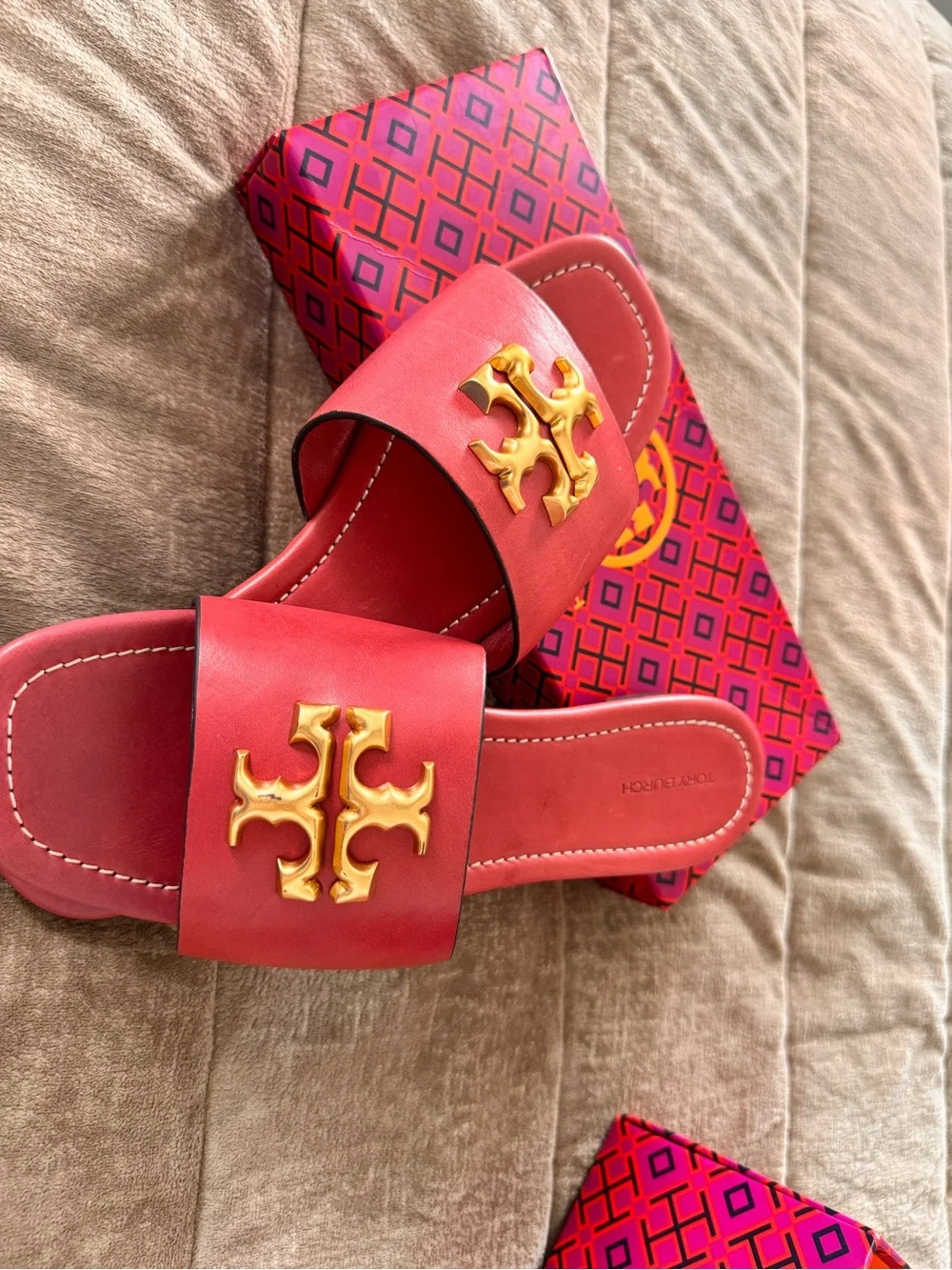 Tory Burch Red Leather Slide Sandals with Gold Logo